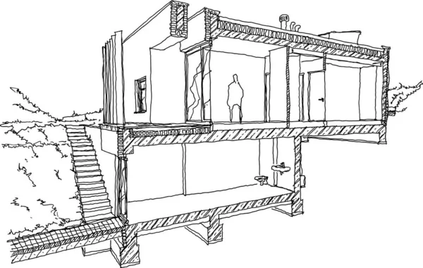 Handgezeichnete Architektonische Skizze Des Abschnitts Eines Modernen Zweistöckigen Einfamilienhauses Mit — Stockvektor