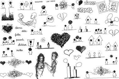 hand drawn sketches of topics regarding family life and partnership and divorce clipart