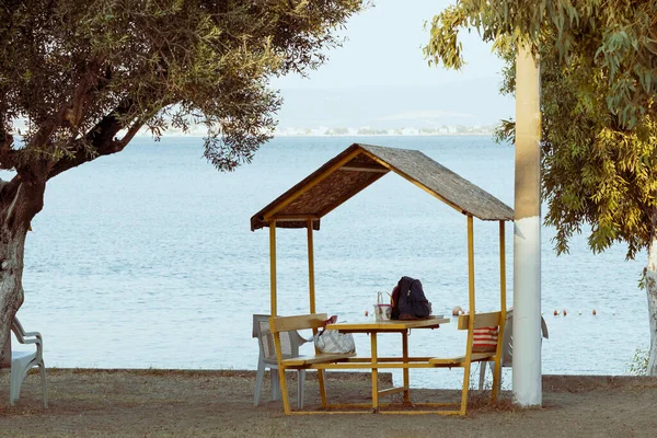 Kıyı kenarında ağaçların manzaralı ahşap pergola.