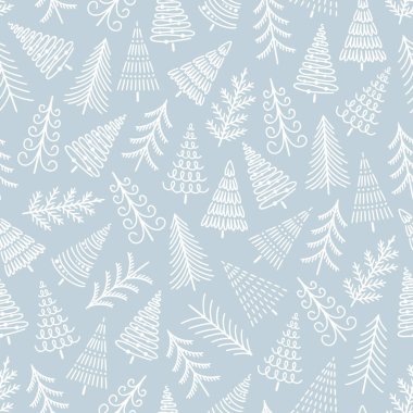 Farklı Noel ağaçlarıyla kusursuz desen. Geleneksel Xmas ve yeni yıl kış geçmişi. Vektör illüstrasyonu