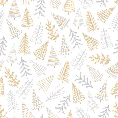Farklı Noel ağaçlarıyla kusursuz desen. Geleneksel Xmas ve yeni yıl kış geçmişi. Vektör illüstrasyonu