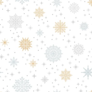 Çeşitli narin kar taneleri olan kışın pürüzsüz deseni. Noel karlı arka planı. Mevsimsel vektör illüstrasyonu