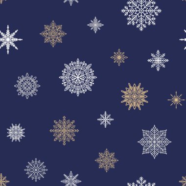 Çeşitli kar taneleriyle kışın pürüzsüz bir desen. Noel karlı arka planı. Mevsimsel vektör illüstrasyonu