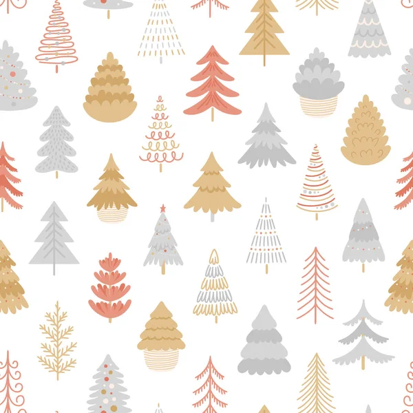 各种圣诞树的无缝图案 传统的圣诞和新年背景 冬季病媒说明 — 图库矢量图片