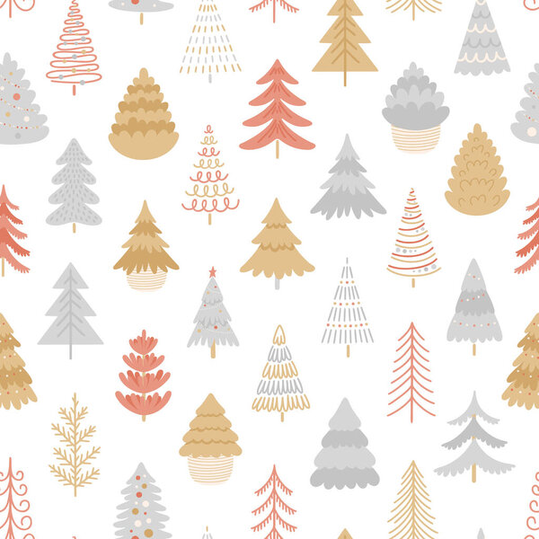 Seamless pattern with different Christmas trees. Traditional Xmas and New Year background. Winter vector illustration