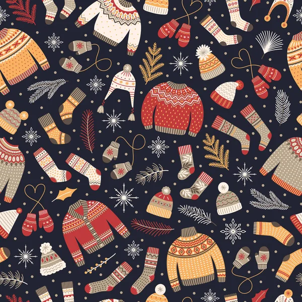 冬季无缝图案 针织毛衣和饰物 冷杉树枝和雪花 圣诞背景与舒适的气氛 矢量说明 — 图库矢量图片