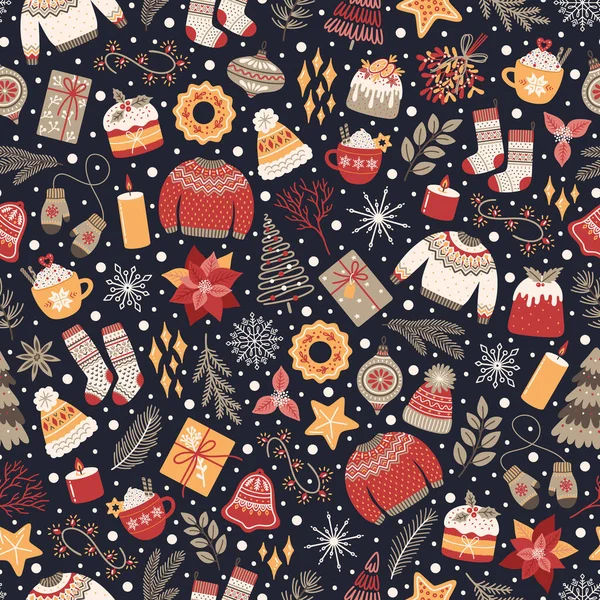 冬季无缝图案 大气元素 针织毛衣和袜子 冷杉树枝 雪花等等 有可爱细节的圣诞背景 矢量说明 — 图库矢量图片