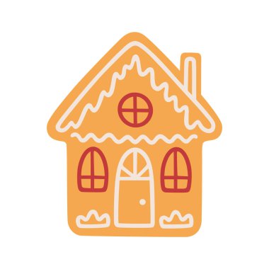 Noel kurabiyesi, vektör illüstrasyonu. Krema süsüsüyle ev şeklinde hamur işi. Ev yapımı tatlı zencefilli kek, beyaz tenli..