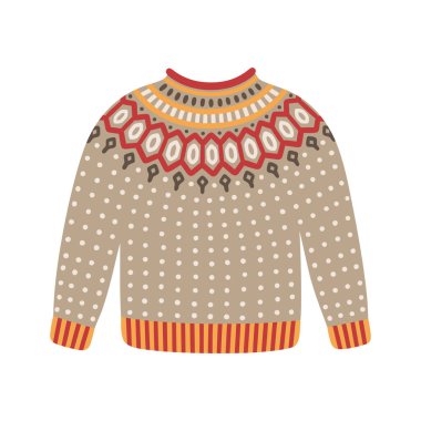 Noel örgü süveteri, vektör çizimi. İskandinav süslemeli kış tatili kazağı ikonu. Sevimli ve sıcak xmas kazağı.