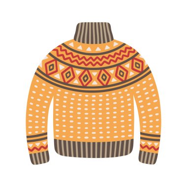 Noel örgü süveteri, vektör çizimi. İskandinav süslemeli kış tatili kazağı ikonu. Sevimli ve sıcak xmas kazağı.