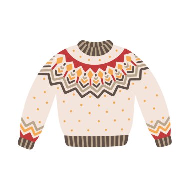 Noel örgü süveteri, vektör çizimi. İskandinav süslemeli kış tatili kazağı ikonu. Sevimli ve sıcak xmas kazağı.
