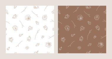 Kayısı çiçekleri, tomurcukları ve dalları olan iki kusursuz desen. Bahar meyvesi çiçeğinin vektör çizimleri. Modern sanat tarzında çiçek desenleri.