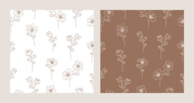 Kayısı çiçekleri, tomurcukları ve dalları olan iki kusursuz desen. Bahar meyvesi çiçeğinin vektör çizimleri. Modern sanat tarzında çiçek desenleri.