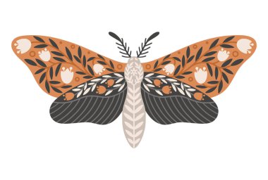 Çiçek ve yapraklarla süslenmiş güve ikonu. Klasik mistik güve ya da kelebek. Uçan gök böceği, vektör illüstrasyonu