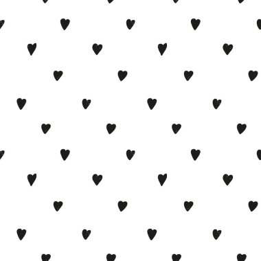 Küçük kara kalplerin kusursuz deseni. Sevgililer Günü, aşk, romantik bir geçmiş. El çizimi illüstrasyon, vektör