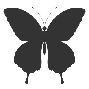 Kelebek siyah silueti. Kelebek kanatları şekli, ön manzara, dövme şablonu. Basit böcek simgesi, vektör illüstrasyonu