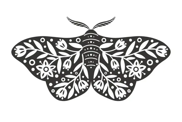 花と葉の装飾が施されたマスアイコン 黒と白の神秘的なモットーまたは蝶のヴィンテージシルエット 空飛ぶ天体昆虫 ベクターイラスト ストックベクター
