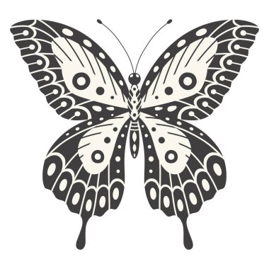 Kelebek vektör çizimi. Y2k tarzı estetik, ön tarafta kanat şekilleri, sihirli bir süs sembolü. Siyah ve beyaz monokrom elementi, desenli dövme grafiği