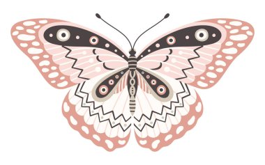 Kelebek ikonu, vektör çizimi. Geometrik soyut süslemeli kanatlar, ön görünüş, dövme tasarımının sembolü. Yaz arkaplanı, sinek böceği