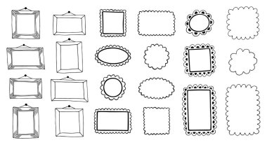 Çerçeve karalama seti, vektör çizgisi çizimi. Dekorasyon fotoğrafı, resim veya metin için klasik öğeler. Siyah süslemeli kenar