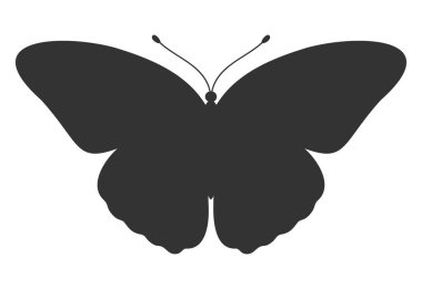 Kelebek siyah silueti. Kelebek kanatları şekli, ön manzara, dövme şablonu. Basit böcek simgesi, vektör illüstrasyonu