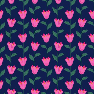 Koyu mavi arka planda yeşil yapraklı pembe çanlar, pürüzsüz desenli. Yaz çiçekli vektör çizimi. Bahar çayırı botanik baskısı, kır çiçeği duvar kağıdı, kumaş. Modern biçim tasarımı