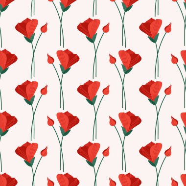 Bej arka planda kırmızı alstroemeria çiçekleri olan kusursuz bir desen. Yaz çiçekli vektör çizimi. Parlak bahar botanik baskısı, modern tarz tasarım