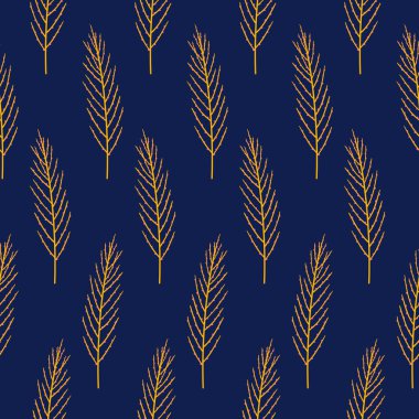 Böğürtlenli dallar, pürüzsüz desen. Koyu mavi arka planda çiçek açan bitkiler. Yaz çiçekli vektör çizimi. Bahar çayırı botanik izi, yabani bitkiler kumaş