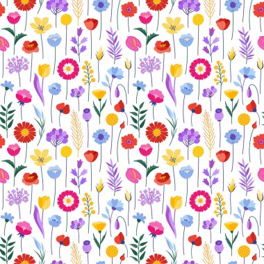 Kır çiçekleri pürüzsüz desen, bej arka plan. Parlak ve renkli çayır otları ve çiçekler. Çiçekli yaz vektör illüstrasyonu. Botanik arkaplan, modern biçim tasarımı