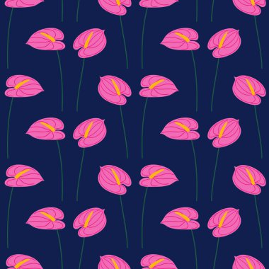 Şarbonlu pembe çiçekler, pürüzsüz desenli. Koyu bir arka planda yaz çiçekli vektör çizimi. Parlak bahar botanik baskısı, modern tarz tasarım