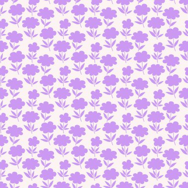 Ditsy tarzı kumaş, çiçeksiz desen. Beyaz arka planda küçük menekşe çiçekleri ve yapraklarla klasik dekoratif baskı. Vektör illüstrasyonu