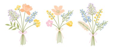 Yaban çiçeği buketleri. Üç çiçek vektör çizimi seti. Narin çiçekler, yapraklar, çayır otları ve tasarım projeleri için yabani bitkiler. Bahar ve yaz kompozisyonları