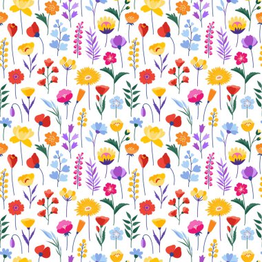 Kır çiçekleri kusursuz desen. Bej bir arka planda parlak ve renkli çayır otları ve çiçekler. Çiçekli yaz vektör illüstrasyonu. Bahar botanik arka planı, modern tarz tasarımı