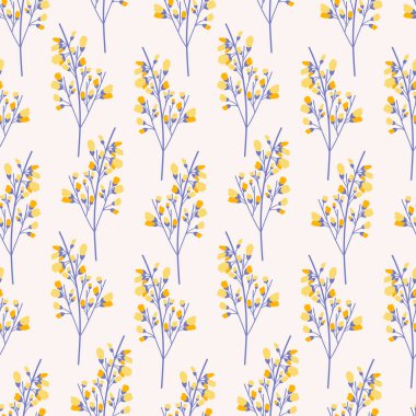 Bir sürü küçük çiçekli, kusursuz dallar. Bej bir arka planda çiçek dalları. Çayır botanik baskısı, kır çiçekleri. Vektör illüstrasyonu