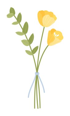 Haşhaş çiçeği buketi ve kurdeleyle bağlanmış çayır otu. Çiçek vektör çizimi. Nazik çiçekler ve tasarım projeleri için yabani bitkiler.