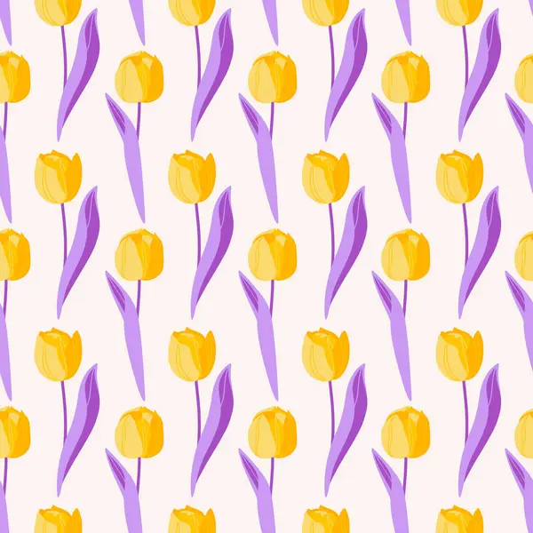 Lale sarısı çiçek, kusursuz desen. Yaz çiçekli vektör çizimi, bej arka plan. Parlak bahar botanik baskısı, modern tarz tasarım