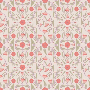 Sarmal bitki dalları, çiçekler ve yapraklarla kusursuz desen. Mozaik tekrarlanan motif. Moda baskıları için sabah güzelliğindeki kır çiçeklerinin şablonu. Açık bej arka plan. Vektör illüstrasyonu