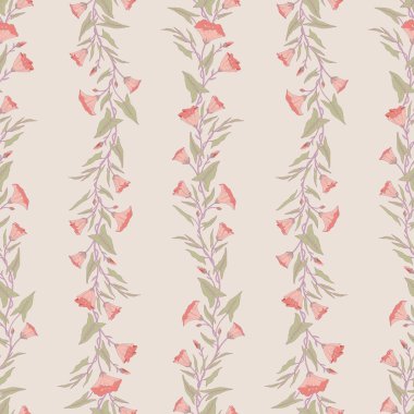 Konvolvulus bitkisinin dalları, çiçekleri ve yapraklarıyla kusursuz desen. Moda baskıları için sabah güzelliğindeki kır çiçeklerinin şablonu. Açık bej arka plan. Vektör illüstrasyonu