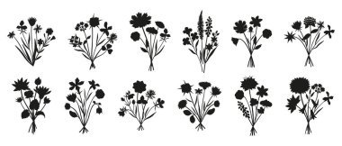 Yaban çiçeği siluet buketleri seti. Elle çizilmiş farklı çayır çiçekleri, otlar ve yabani bitkiler. Tasarım projeleri için botanik elementler. Asgari biçim, vektör illüstrasyonu
