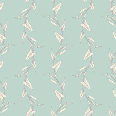 Sapları ve kıvrımlı yaprakları olan kusursuz bir desen. Moda baskıları için sabah çiçeği şablonu. Hafif turkuaz arka plan. Vektör illüstrasyonu