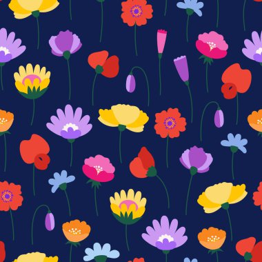 Kır çiçekleri pürüzsüz desen, koyu mavi arka plan. Parlak çayır otları ve çiçekler. Çiçekli yaz vektör illüstrasyonu. Bahar botanik arka planı, modern tarz tasarımı