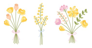 Yaban çiçeği buketleri seti. Gelincikli çiçek buketleri. Kurdelelerle bağlanmış çiçekler, vektör illüstrasyonu. Tasarım projeleri için çayır otları ve yabani bitkiler