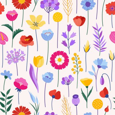 Kır çiçekleri kusursuz desen. Bej bir arka planda renkli çayır otları ve çiçekler. Çiçekli yaz vektör illüstrasyonu. Bahar botanik arka planı, modern tarz tasarımı