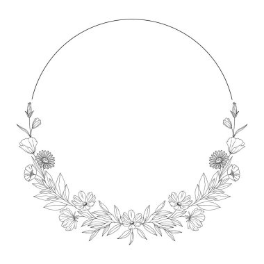 Yapraklı ve çiçekli çiçek dalları çerçevesi. Dallardan oluşan bir çelenk, siyah çizgili, beyaz üzerine izole edilmiş. Botanik çizimi, düğün dekorasyonu için yuvarlak çelenk ve tasarım projeleri. Vektör illüstrasyonu