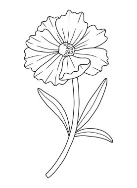 Sanat tarzında yabani çiçek. Çiçek açan yabani bitkiler, çayır çiçekleri, siyah çizgiler, mürekkep hatları. Botanik öğesi, boyama kitabı. Çiçek vektör illüstrasyonu