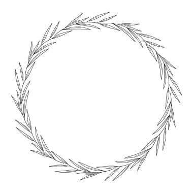Yapraklardan, yabani otlardan, dal ve dallardan oluşan bir çelenk. Botanik çerçeve, siyah çizgiler, beyaza izole edilmiş. Düğün dekorasyonu ve tasarım projeleri için yuvarlak çizim çelengi. Vektör illüstrasyonu