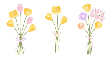 Yaban çiçeği buketleri seti. Gelincikli çiçek buketleri. Kurdelelerle bağlanmış çiçekler, vektör illüstrasyonu. Tasarım projeleri için çayır otları ve yabani bitkiler