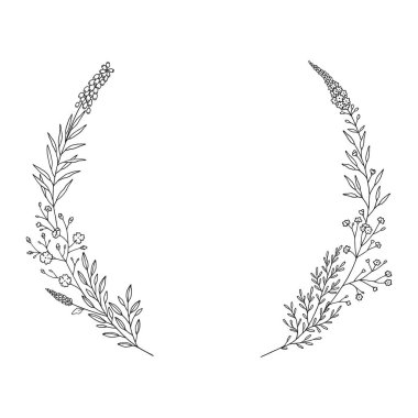 Çiçek çelengi, yapraklı ve çiçekli dallar. Dal çelenkleri, siyah çizgiler, beyaz üzerine izole edilmiş. Düğün dekorasyonu ve tasarım projeleri için botanik çizimi. Vektör illüstrasyonu