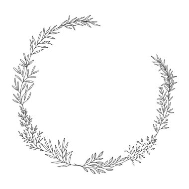 Yapraklardan, otlardan ve dallardan oluşan botanik bir çelenk. Çiçek desenli, siyah hatlı, beyaz tenli. Düğün dekorasyonu ve tasarım projeleri için çelenk. Vektör illüstrasyonu