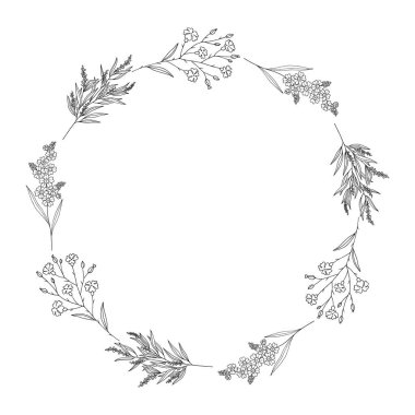 Çiçekli yapraklı ve çiçekli botanik çelenk. Dal yuvarlak çerçeve, siyah hat, beyaz üzerinde izole. Düğün dekorasyonu ve tasarım projeleri için çelenk. Vektör illüstrasyonu